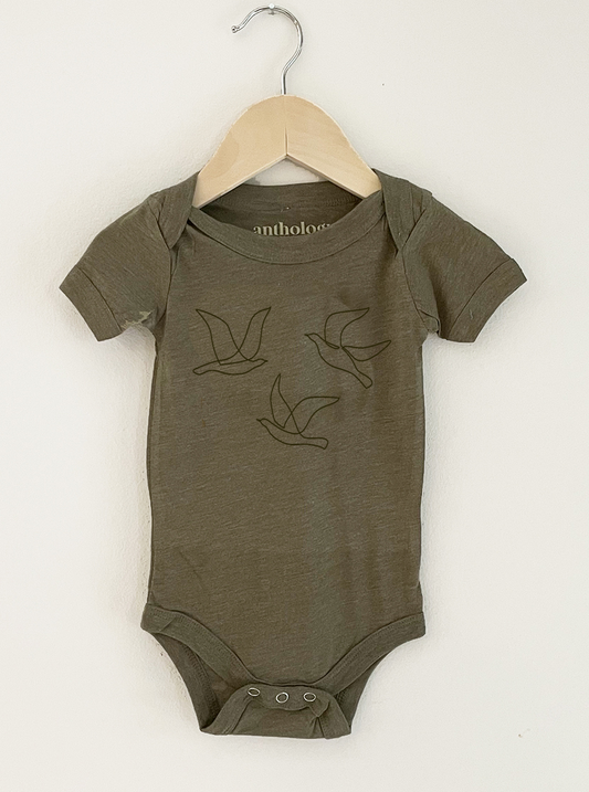 Birds of a Feather Olive Baby Onesie